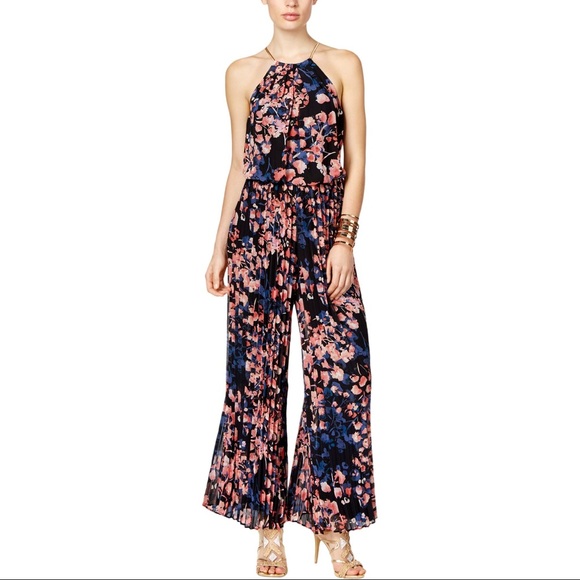 Thalia Sodi Pants - Thalia Sodi Floral Pleated Chain Halter Jumpsuit Black Pink XS